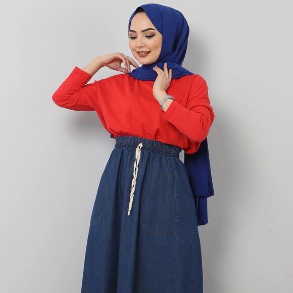 NEW Tesettur Dunyasi LACED HIJAB DENIM SKIRT DARK BLUE - Picture 3 of 9
